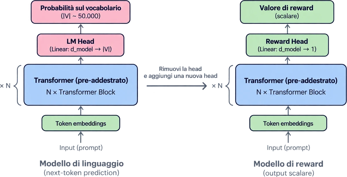 Due modelli separati con la stessa struttura. A sinistra un modello di linguaggio: il corpo Transformer, e in cima una testa che produce una probabilità per ogni token del vocabolario. A destra il reward model: un corpo con la stessa architettura, inizializzato da un modello pre-addestrato, e in cima una testa che produce un solo numero, il punteggio della risposta.